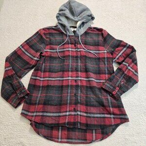 Ci Sono Button-up Flannel Shirt Jacket Hoodie Shacket Sz XL Outdoorsy Camping